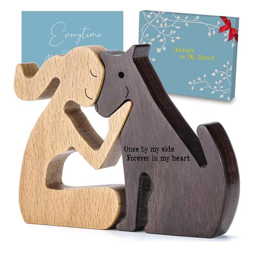 MagiDeal Mann und Hund Holzstatue Holzskulptur Hundefiguren Ornamente, Holzmann Hund Schnittmodell Handgeschnitzter Holz Hund Menschliche Statue für Männer Frauen Zuhause Regal Dekor Schreibtisch
