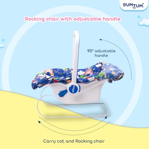 Image of BUMTUM Baby Carry Cot & Rocking Chair with Adjustable Handle| 3-Point Safety Lap Belt | Double Cushioned Washable Seats & Large Canopy for Babies (Blue)