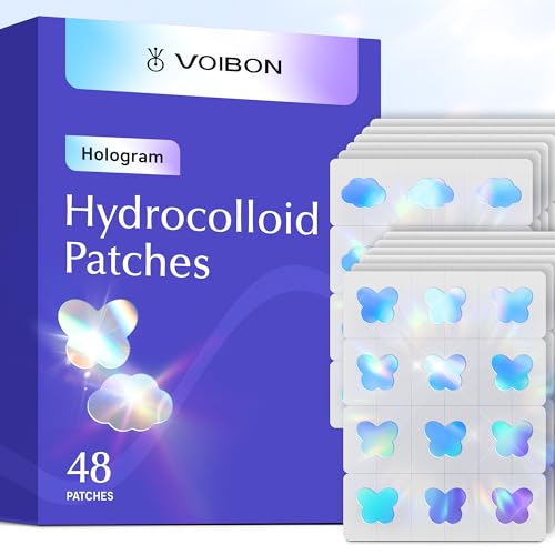 Voibon Hologram Pimple Patches for Face, Cute Hydrocolloid Acne Patches, Salicylic Acid & Tea Tree Colorful Butterfly Spot Stickers,Zits & Blemish,Blue Pink Cloud Butterfly,Zit Patches,12MM(48 Count)