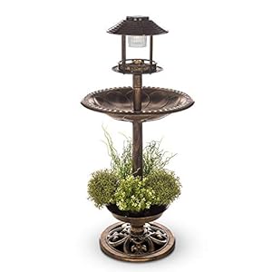 Petlicity Bird Bath and Feeder Station in Ornamental Brass Effect with Planter and Solar Powered Light for Outdoor…