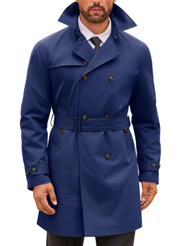 Mens Double Breasted Trench Coat Notched Lapel Windbreaker Jackets Causal Overcoat With Belt