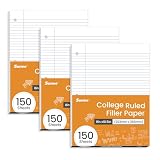 SUNEE Loose Leaf Paper, 450 Sheets, 3 Pack College Ruled Paper, 8 x 10-1/2 Inch Filler Paper, 3 Hole Punch Binder Paper, Loose Leaf Notebook Paper, 150 Sheets/Pack