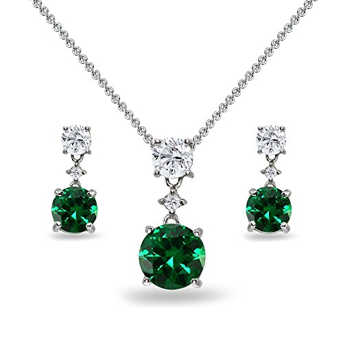 B. BRILLIANT Sterling Silver Simulated Emerald & White Topaz Round 3- Stone Dangling Necklace & Stud Earrings Jewelry Set for Women Gift Box