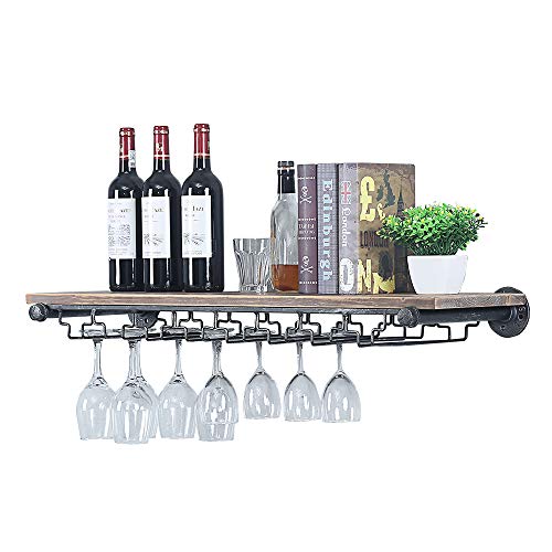 Industrial Pipe Shelving Hanging Stemware RacksRustic Wall Mounted Wine Rack with 8 Glass HolderSteampunk Iron Floating Bar Shelves Stemware Holder36in Metal Real Wood Shelf Wall Shelf