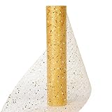 Muwodkdn Chemin de Table Noel Non Tissé 30CM x 10Yards Organza Tulle Rouleau Bobine avec Paillettes Ruban De Table Décoratif Réutilisable pour Fête Anniversaire Mariage Noël Décoration Sapin Doré