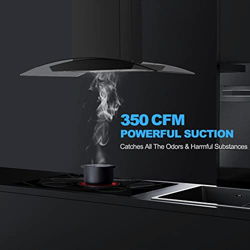 36 Inch Island Range Hood, Thermomate 350 Cfm Black Stainless Steel Stove Vent Hood With 4 Led Lights, 3 Speed Exhaust Fan With Touch Control, Ducted/Ductless Convertible, Etl Certified #TOP2