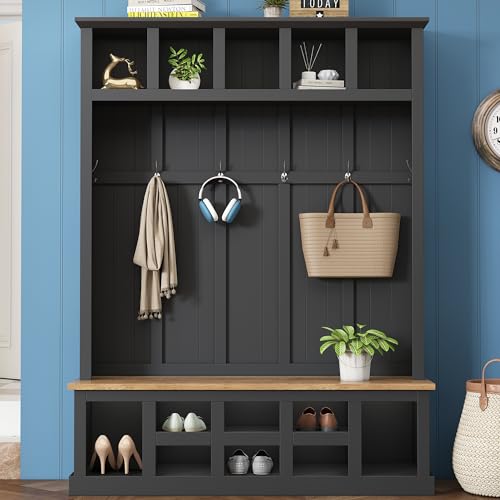 Farmhouse Wood Hall Tree with Bench and Shoe Storage, 5-in-1 Coat Rack with 6 Hooks for Entrance, Hallway Black by Merax - Used condition - Image 2