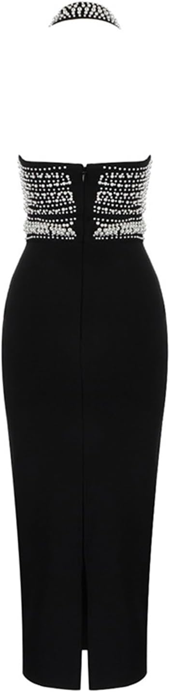 houstil Halter Bandage Dress for Women V Neck Beads Formal Midi Bodycon Cocktail Wedding Guest Dresses - Image 6