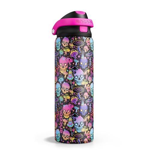 Encool SwiftSip Insulated Stainless Steel Water Bottle with Straw - Leak Proof Sports Water Bottle for School, Travel, Keeps Cold All Day, One-Touch Flip Lid, BPA-Free, 32 oz, Trippy Skulls