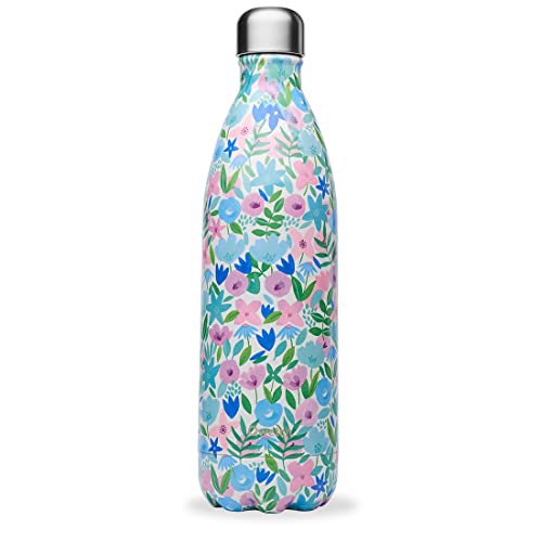 Qwetch - Bouteille Isotherme Flora Rose 1L - Gourde Nomade Inox - 24h Froid et 12h Chaud - Etanche, Sans BPA &amp; Réutilisable - Gourde isotherme pour Sport, Voyage, Bureau, Randonnée