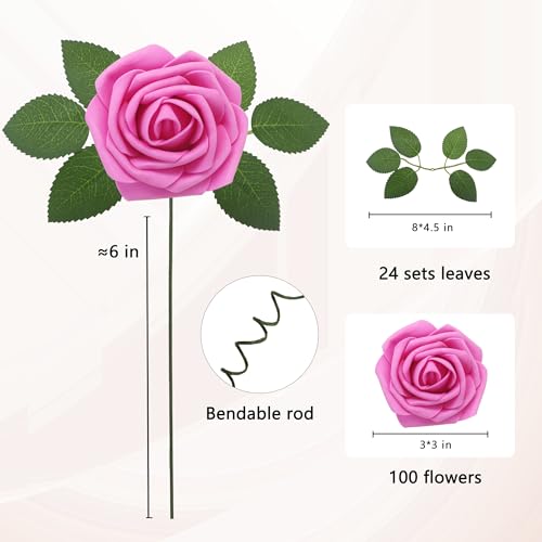 JOYLEX 100PCS Hot Pink Artificial Flowers Realistic Roses, Real Looking Fake Roses with Stem for DIY Wedding Bouquets Centerpieces Bridal Shower Party Home Romantic Decorations (Hot Pink, 100pcs) by JOYLEX - Used condition - Image 2