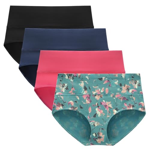 LIQQY Women's Cotton Briefs High Waist Breathable Underwear Full Coverage Soft Comfortable Panties for Everyday Wear 4-Pack Small Black/Navy/Pink/Floral