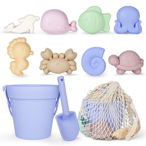 Image of MarcZero 11Pcs Silicone Beach Toys,Modern Baby Beach Toys,Travel Friendly Beach Set,Silicone Bucket, Shovel, 8 Sand Molds, Beach Bag, Sand Toys for Toddlers, Kids (Blue Purple)