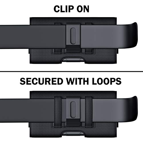 De-Bin Cell Phone Holster Designed for iPhone 11 XR, Samsung Galaxy S21 S20 S10 S9 S8 A01 A10e, LG K31 K8x G8 & G7 ThinQ Nylon Belt Holder with Belt Clip Belt Loops Pouch Fits Phone with Other Case on