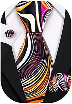 Barry.Wang Mens Novlety Tie Silk Printed Orange Black Wedding Holiday Funky Necktie and Pocket Square Set Cufflinks
