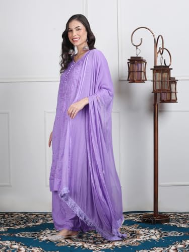 Image of Women's Lucknowi Chikankari Handwork Cotton Kurti, Palazzo and Dupatta Set