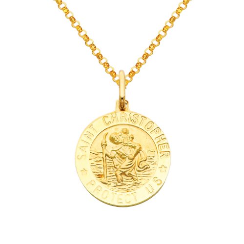 The World Jewelry Center 14K Real Yellow Gold Religious Saint Christopher Medal Pendant With 1.6Mm Cable Chain Necklace - 20" #TOP7