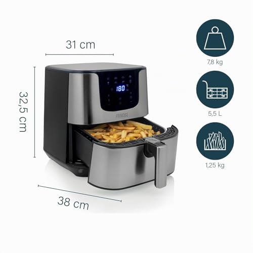 Foto von Princess Heißluftfritteuse XXL mit 5,5 Liter – 62,2% weniger Energieverbrauch – Digital Airfryer Deluxe – 8 Programme – Edelstahl – Ohne Öl – Aerofryer 182060, Silber
