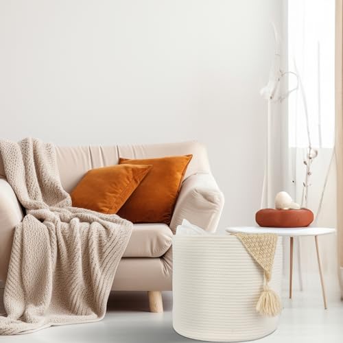 XUANGUO Cotton Rope Basket For Girls Boys Kids 16”X14” Baby Laundry Baskets Nursery Bin Round Woven Basket Organizer For Storage Toys Blankets Shoes Clothes white - Thumbnail 5