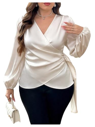 Floerns Women's Plus Size Satin Asymmetrical Wrap Tops Ruched V Neck Long Sleeve Blouses Apricot X-Large Plus
