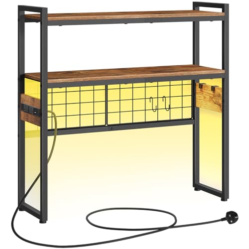 HOOBRO Desktop Bookcase with Outlet, 2-Tier Desktop Bookshelf, Countertop Hutch with LED Lights, Wooden Desk Shelf Organizer, for Office, Study, Game Room, Rustic Brown and Black EBF11KDSJ01