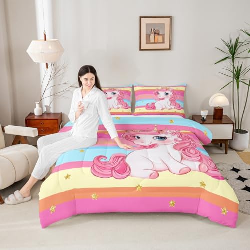 Image of Erosebridal Pink Unicorn Full Bed Comforter Set for Girls | Princess Rainbow Unicorn Bedding Set Cute Stars Striped Bed Sets Girly Cartoon Horse Quilt Comforter Fantasy Girls Room Decor,3 Pcs