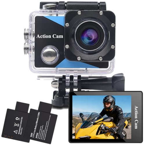 Nvgfelis Cámara Deportiva 1080P, 12MP Action CAM con Gran Angula Lente, Cámara Subacuática Impermeable 30M/98FT con 2 Baterías y Accesorios Kit para Casco y Bicicleta, etc.