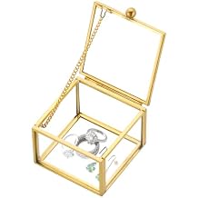 Square Vintage Gold Transparent Jewelry Box, 6 x 6 x 4.5cm Glass Jewelry Box for Display, Decorative, Trinket Box for Rings, Earrings, Keepsakes, Clear Glass Jewelry Display Case