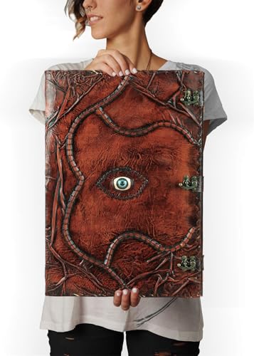 TUZECH Cutomizable Hocus Pocus Book of Spells Leather Journal Third Eye Deckle Edge Paper Grimoire Journal Vintage Book of Shadows Seven Chakra Antique Spell Book Lock Clasp Notebook Witch (14 x 22
