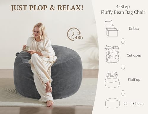 WSOFRLAC 3FT Bean Bag Chair, Comfy Bean Bag Chairs for Adults, Luxury Velvet Memory Foam Stuffed Beans Bags with Removable Cover, Adult Beanbag Chair with Filler for Living Room, Bedroom, Dark Grey