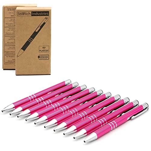 StillRich® hochwertige Metall Kugelschreiber - Nachfüllbarer Kuli mit Hochglanzoberfläche, silbernem Taschenclip, Pink, Edelstahlgehäuse, Schreibgerät für Haushalt, Schule, Büro, 10-Pack Cover