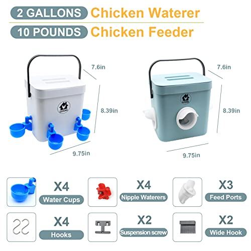Gifank Chicken Feeder Chicken Waterer,2 Gallon Automatic Chicken Feeder And Waterer No Waste,Hanging Poultry Waterer Feeder With Four Chicken Waterer Nipples,Chicken Coop Accessories #TOP6
