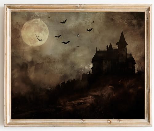 Kizbok Moody Halloween Wall Art Prints, Spooky Haunted House Landscape