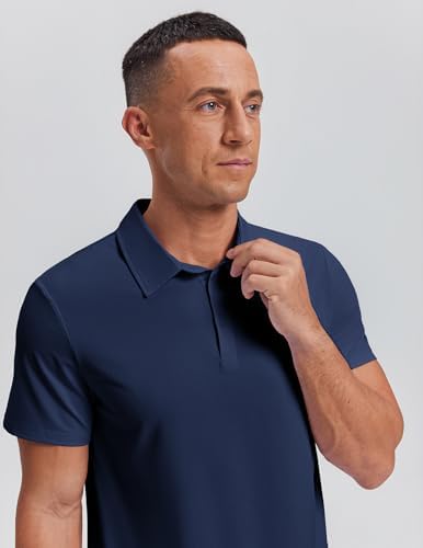 PINSPARK Mens Polo Shirts Moisture Wicking Golf Shirts for Men Navy Blue Polo Shirt Men Slim Fit Short Sleeve Collared Polos