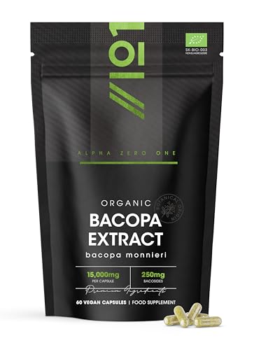 Organic Bacopa Monnieri Extract 15,000mg - 50% Bacosides (250mg) - 60 Vegan Capsules - High Strength 30:1 Brahmi Supplement - Resealable and Recyclable Pouch by Alpha01