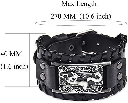 Black Leather Bracelet Antique Silver Viking Fox Celtic Knot Irish Cuff Wide Leather Bracelets Punk Style Wristband Bangle Bracelets