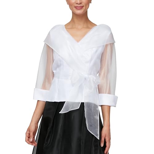 Alex Evenings Women's Portrait Collar Organza Blouse with Illusion Sleeves and Tie Belt, White, Large