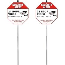 Security Alert 24 Hour Video Surveillance Yard Sign, Rustproof Aluminum with Stake, Reflective Metal, CCTV Warning, Outdoor, Red, 10 x 10 inch, 2 Pcs