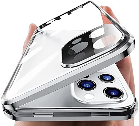 Lockable Magnetic Case Compatible with iPhone 14 Plus Glass Case with Camera Lens Protector Screen Protector Safety Lock 360 Full Body Double Sided Glass Clear Bumper Cover (Silver)