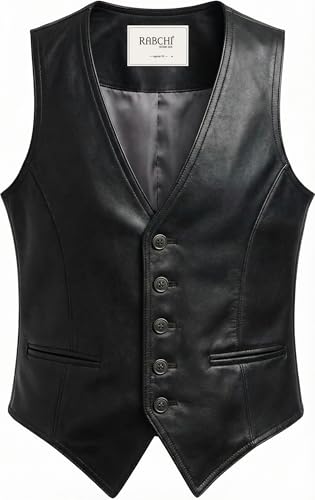 RABCHI Chaleco de cuero negro sin mangas con cuello en V para hombre, piel de cordero auténtica de alta calidad, estilo casual de motocicleta de vaquero occidental (EE. UU., Alpha, L, regular, regular