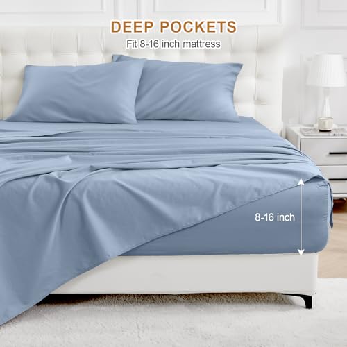 Warmstar 100% Cotton Twin Sheet Set,600 Thread Count Cotton Bed Sheets Sateen Soft Cotton Twin Size Sheet Set Deep Pocket, 4 Pc Bed Sheet Set -1 Flat Sheet, 1 Fitted Sheet,2 Pillowcases,Denim Blue by Warmstar - Image 4