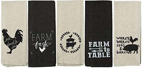 Farmhouse Kitchen Towels Set of 5 Farm Animals Rooster Pig Cow Dish Towels Black Tan Flour Sack 16”X28” 100% Cotton