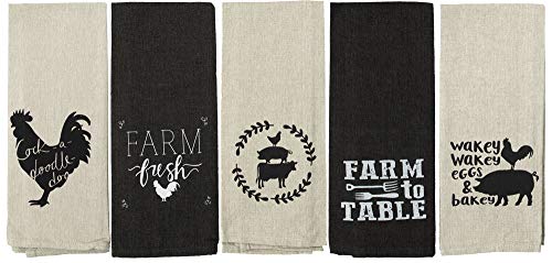 Farmhouse Kitchen Towels Set Of 5 Farm Animals Rooster Pig Cow Dish Towels Black Tan Flour Sack 16”X28” 100% Cotton #TOP25