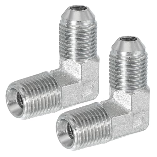 Image of PATIKIL 90 Degree Pipe Adapter, 2 Pcs 1 /2 inch Male 37 Flare JIC x 1 /4 inch BSPT Male Connector Carbon Steel Elbow Fitting for Air Hydraulic Fluid Fuel Water Oil, Silver