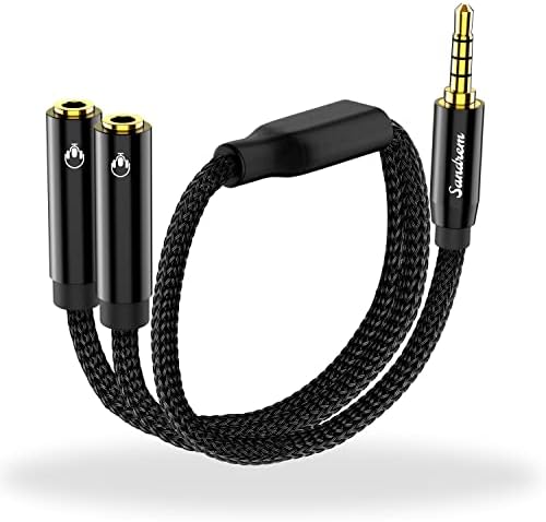 Sandrem Headphone Splitter, 20cm/0.6ft 3.5mm Stereo Audio Y Splitter, 4-Pole Male to 2 Female Port (Audio & Mic) with Strong Braided & Gold-Plated for PC Gaming Headset, PS5, Xbox One