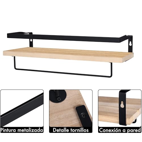 Set de 2 baldas de madera y metal para pared 42cm | Juego de 2 estantes flotantes | Marco de Metal | Tipo industrial moderno | Toallero | Barra toallero | Dormitorio, Cocina, Baño, Sala de Estar - imagen 5