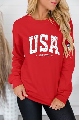 Image of Dressmine Womens USA Shirt Casual Long Sleeve Graphic Tees Knit Crew Neck Sweatshirts Loose Pullover