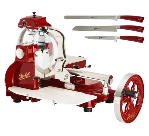 Berkel Volano B3 Premium Food Slicer | Includes 3-pc Knife Set | Luxury Manual Slices of Prosciutto, Cheese, Fruits and more | Pedestal not included | Made in Italy (Red)