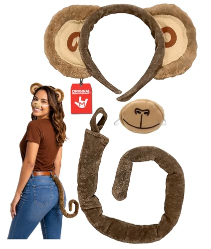 Nicky Bigs Novelties Monkey Ears Headband & Tail, Brown, Halloween Costume | Brown Monkey Ears Headband with Soft Nose & Bendable Tail, One Size Fits Most, Perfect Halloween Accessory