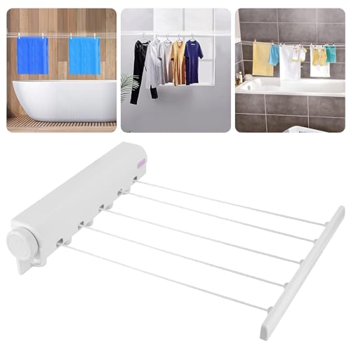 PCXWTLN Retractable Clothesline, 5 Wire Wall Mounted Clothes Drying Rack Extendable Washing Line Rope 3.75m Pull Out Airer Clothesline with 5 Hooks for Laundry Line Drying Rack Terraces Balconies